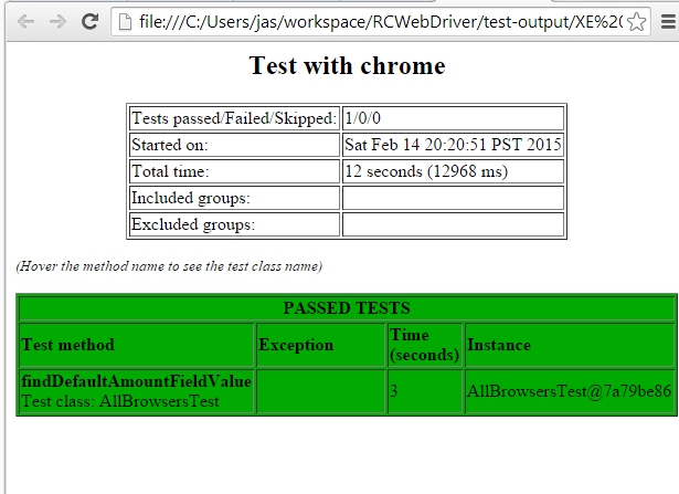 HTML test result selenium chrome node