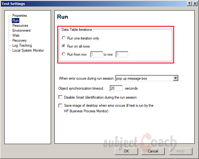 Data table test settings QTP