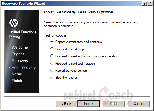 recover scenario wizard QTP test run options