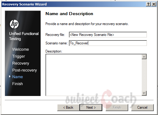 recover scenario wizard QTP Name and description