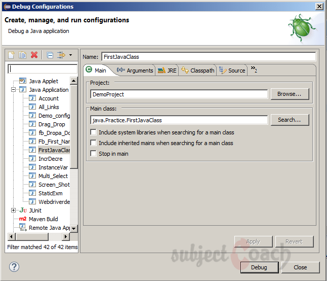 eclipse: debug configurations