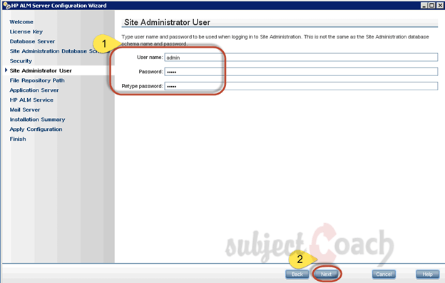 'Site Administrator' User name and Password.  ALM