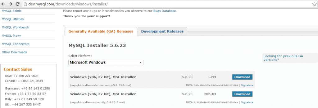 MySQL downloads page