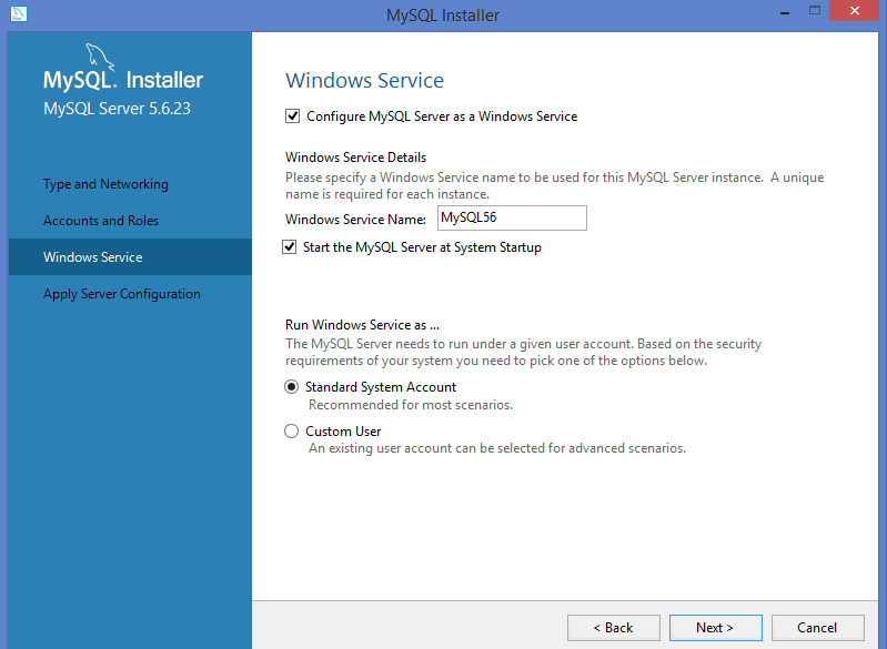 configure MYSQL as windows service