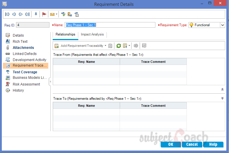 New requirement trace HP ALM