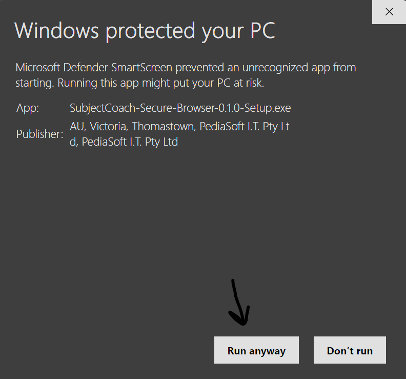 The message now shows the publisher PediaSoft I.T. Pty Ltd and a Run anyway button