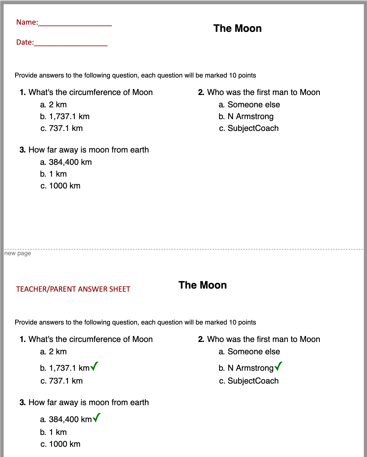 English Multiple Choice Test generator