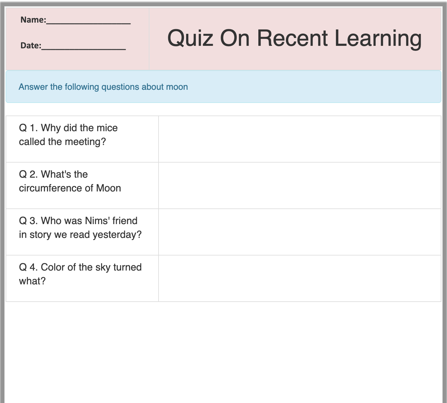 Question and Answer Worksheet Generator