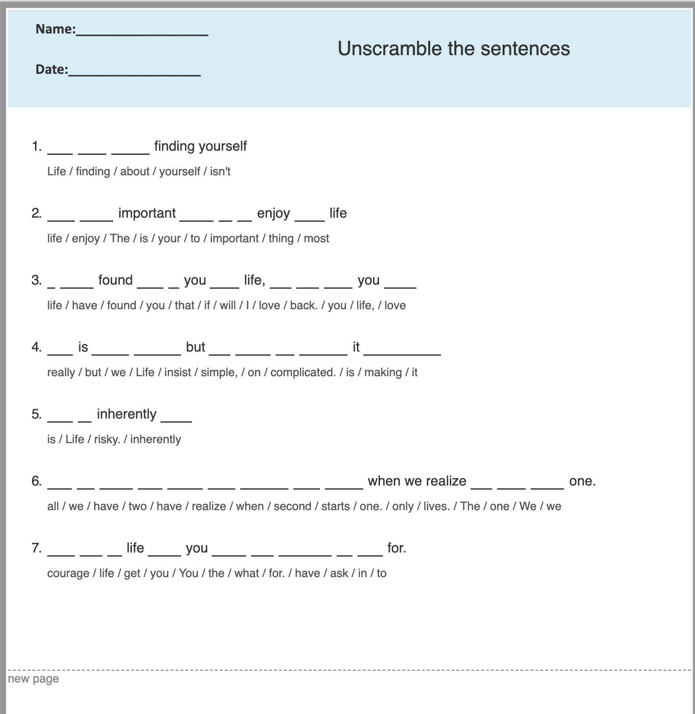 Scramble the sentence Worksheet Generator