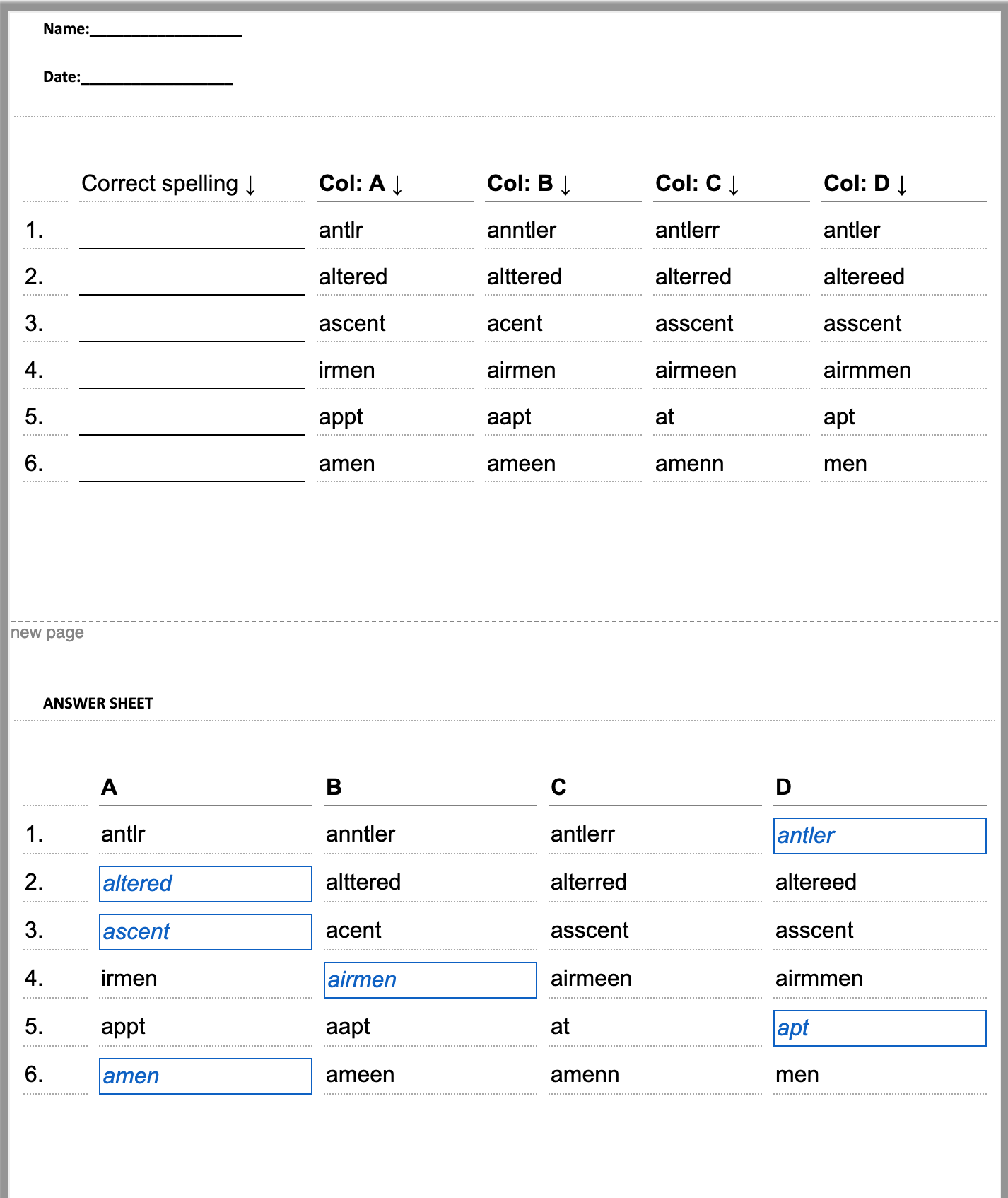 Spelling Bee Worksheet