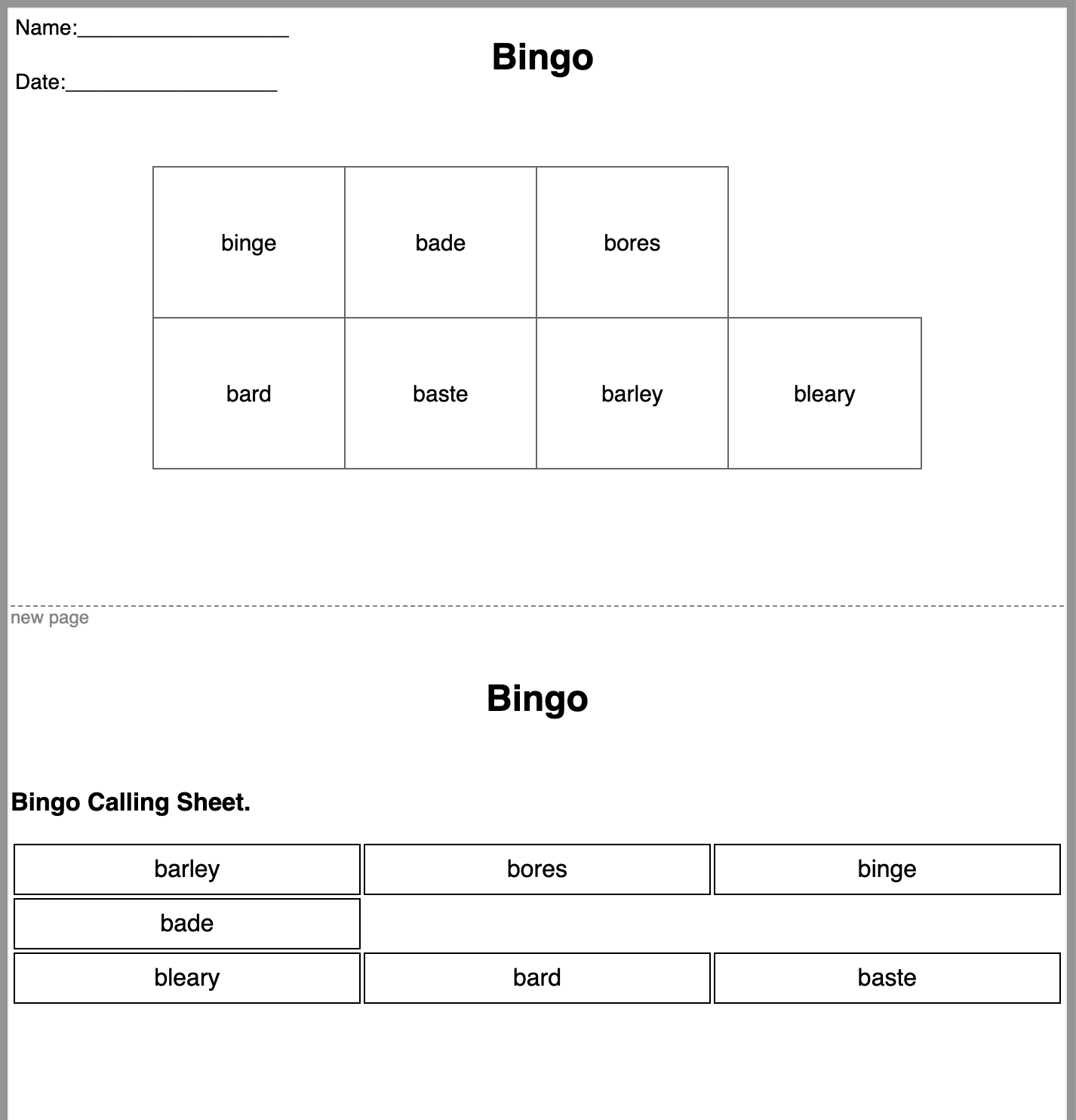 Bingo vocabulary and spelling